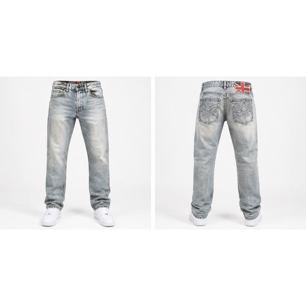 Stylo & Co Jeans Mens 30x32 Silver Grey Embroidered Straight Leg Premium Edition